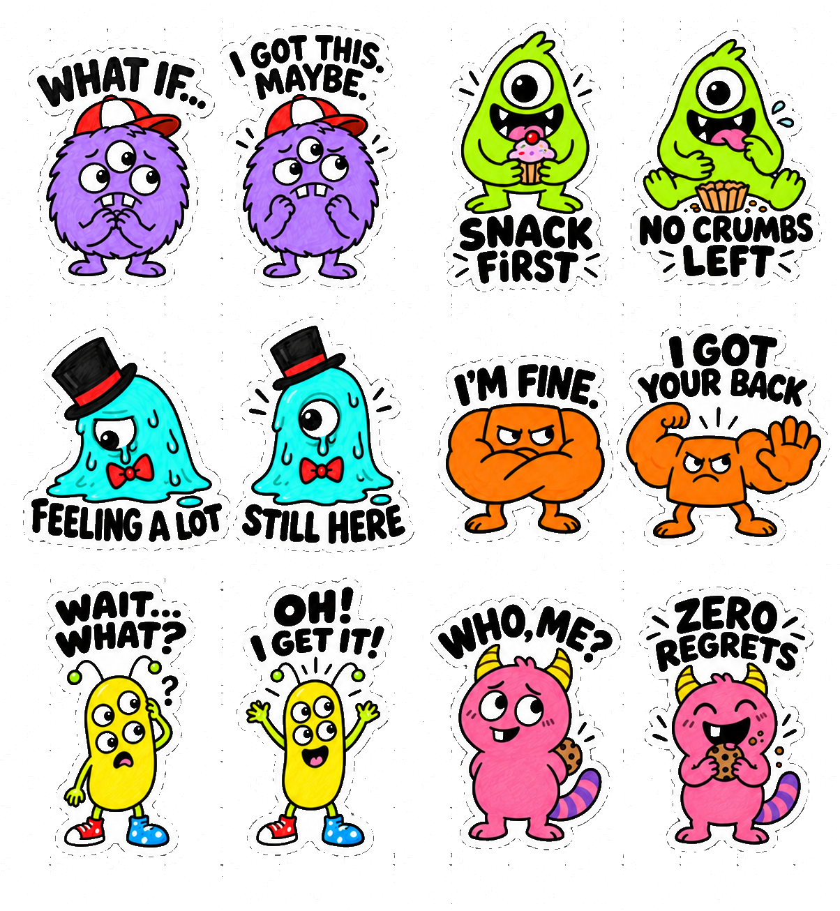 Twelve Misfit Marks character stickers with playful catchphrases
